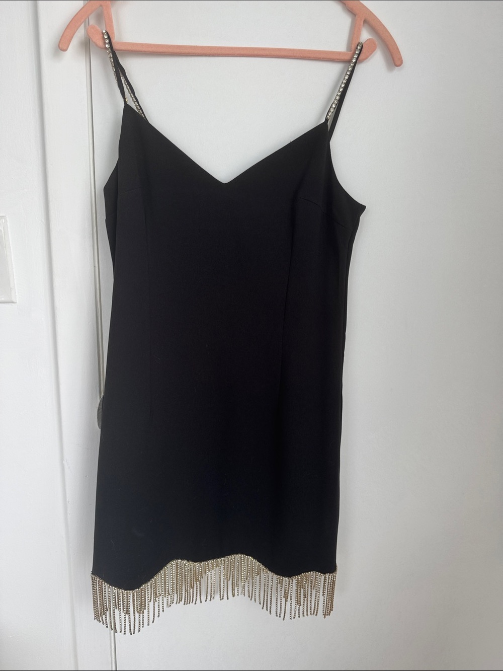 Lea & Viola Black Mini Dress with Rhinestone Straps and Gold Fringe Hem